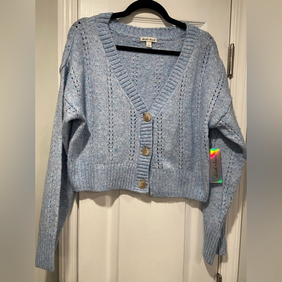 NWT Derek Heart Size L Oversized Cropped V Neck Pointelle Cardigan Light Blue - Picture 1 of 10